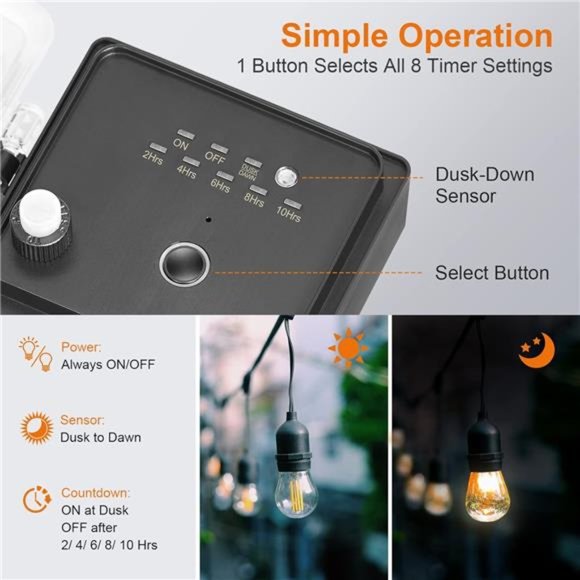 Outdoor Power Stake Light Timer, Dusk to Dawn, 6 Outlet Power Strip Weatherproof - Picture 2 of 6